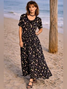 Vintage 90s Floral Midi Dress Tie Back Cottagecore Grunge Sheer M/L